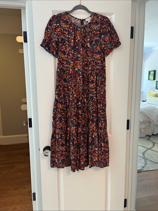 J. Crew Dresses & Skirts - J. Crew Black Floral Tiered Dress with Red, Orange and Purple Accents